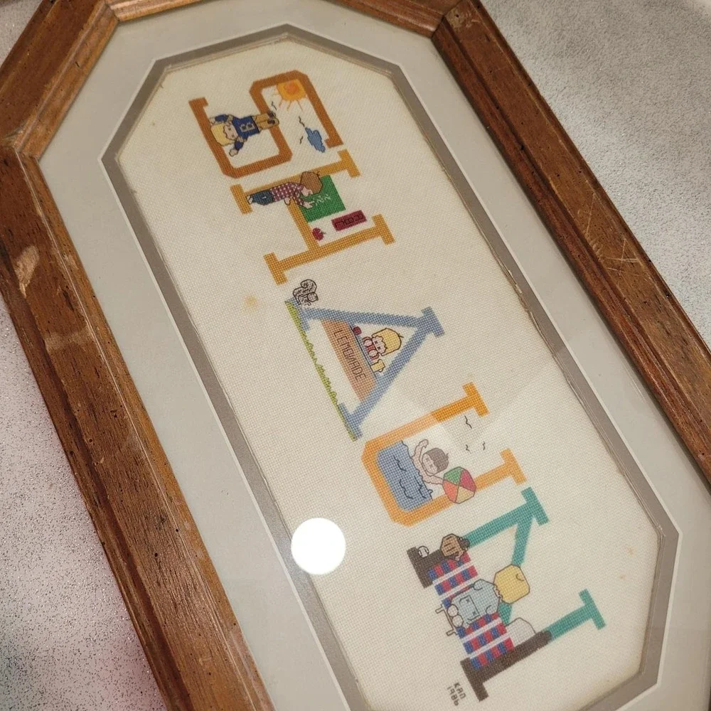 Vintage 1986 Shaun Cross Stitch Framed Art Handmade Name Decor Retro Octagon